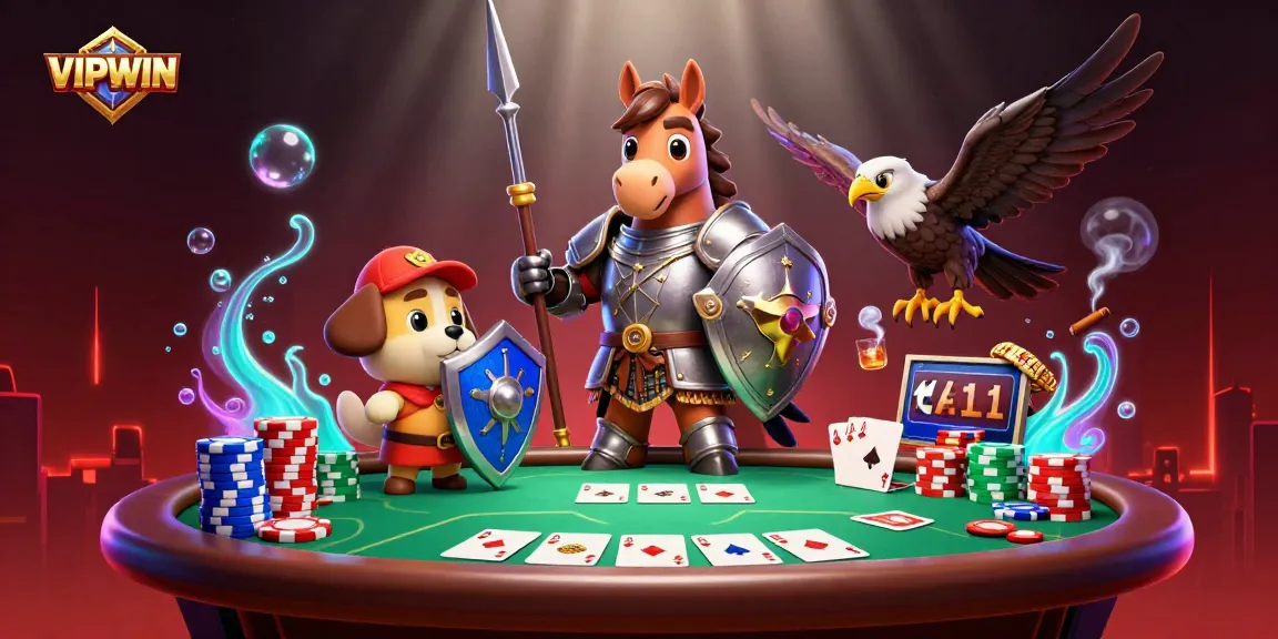 Engage with VIPWIN's thrilling poker scene featuring a medieval knight and playful characters.