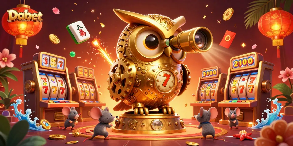 Dabet offers an engaging online casino experience with vibrant 3D cartoon imagery showcasing dynamic slot machine action and festive elements.