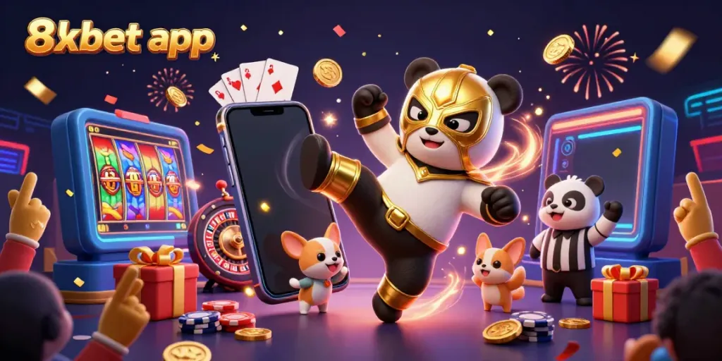Watch the 8xbet app come alive as a wrestler panda and chihuahua referee entertain a cheering crowd