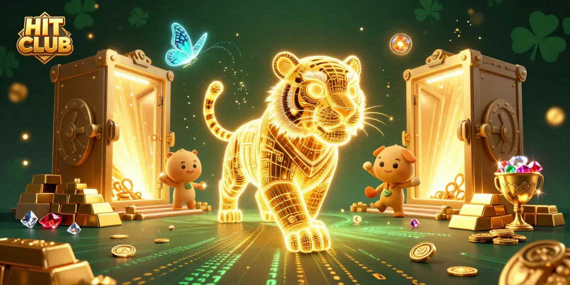 Experience the excitement of HIT CLUB with a vibrant 3D casino scene featuring a glowing tiger and digital treasures.