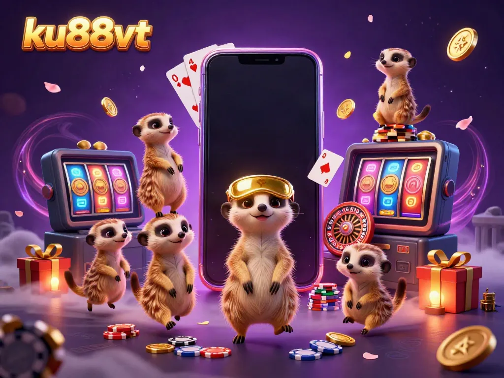 ku88vt meerkats managing a vibrant casino scene with colorful games and jackpots