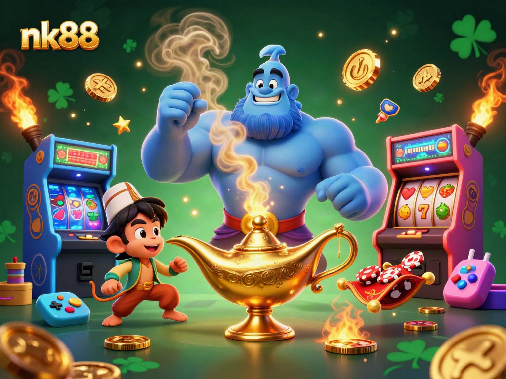 Experience nk88 magic with a vibrant scene showcasing a genie, poker chips, and arcade elements.