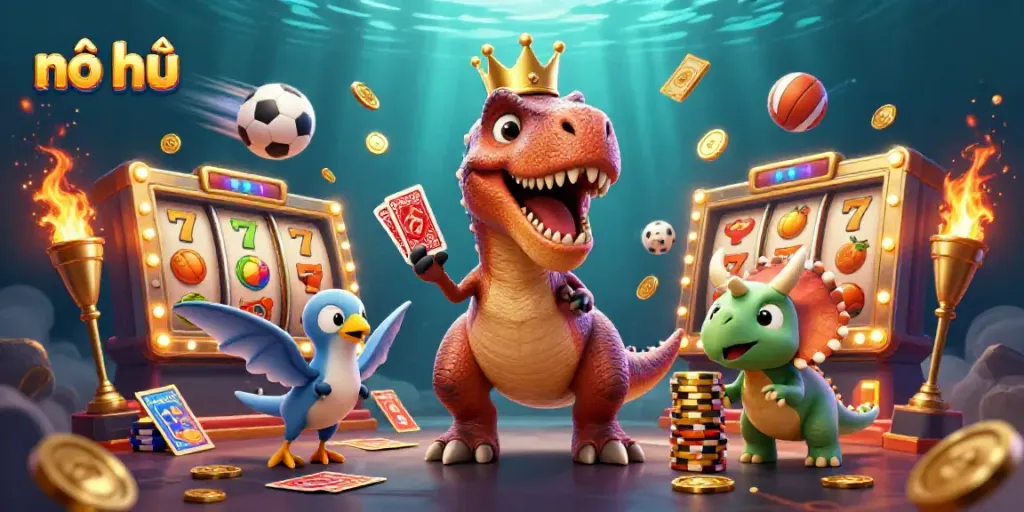 Experience the thrill of nổ hũ with a T-Rex and pterodactyl amid vibrant casino elements.