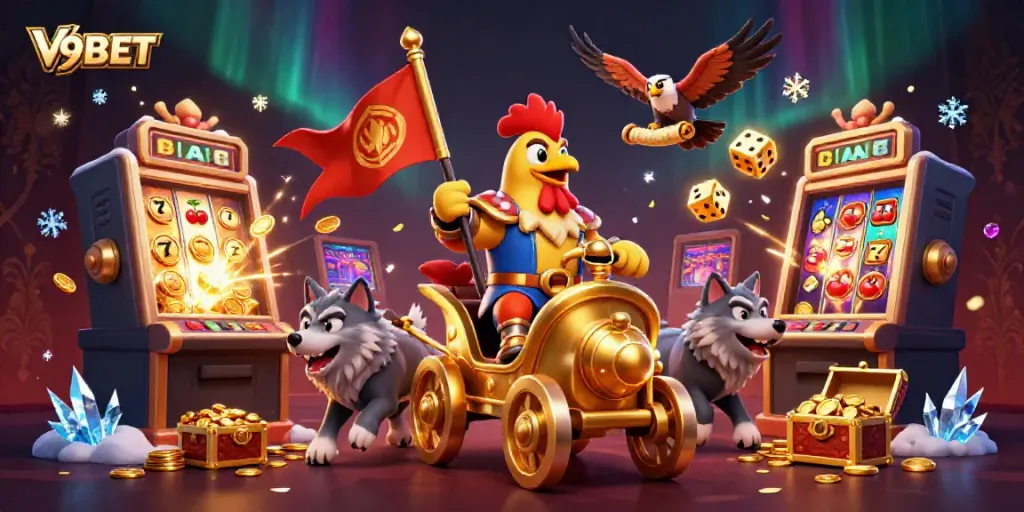 Experience thrilling wins at V9BET with a dynamic casino scene featuring a golden chariot and slot machines bursting with coins.