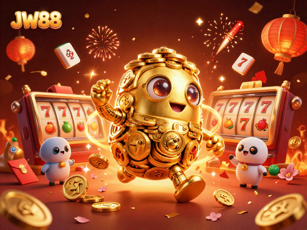 Engage with JW88 through vibrant casino-inspired 3D illustration featuring a golden golem and slot elements.