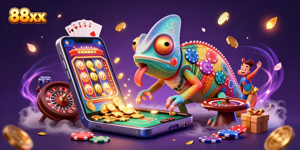Watch the exciting action at 88xx, where the vibrant chameleon casino owner captures golden coins amidst a lively gaming atmosphere.