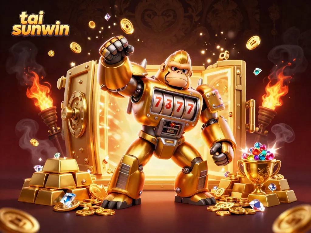 Experience the thrilling excitement of tai sunwin with a golden gorilla mech in an explosive casino scene.