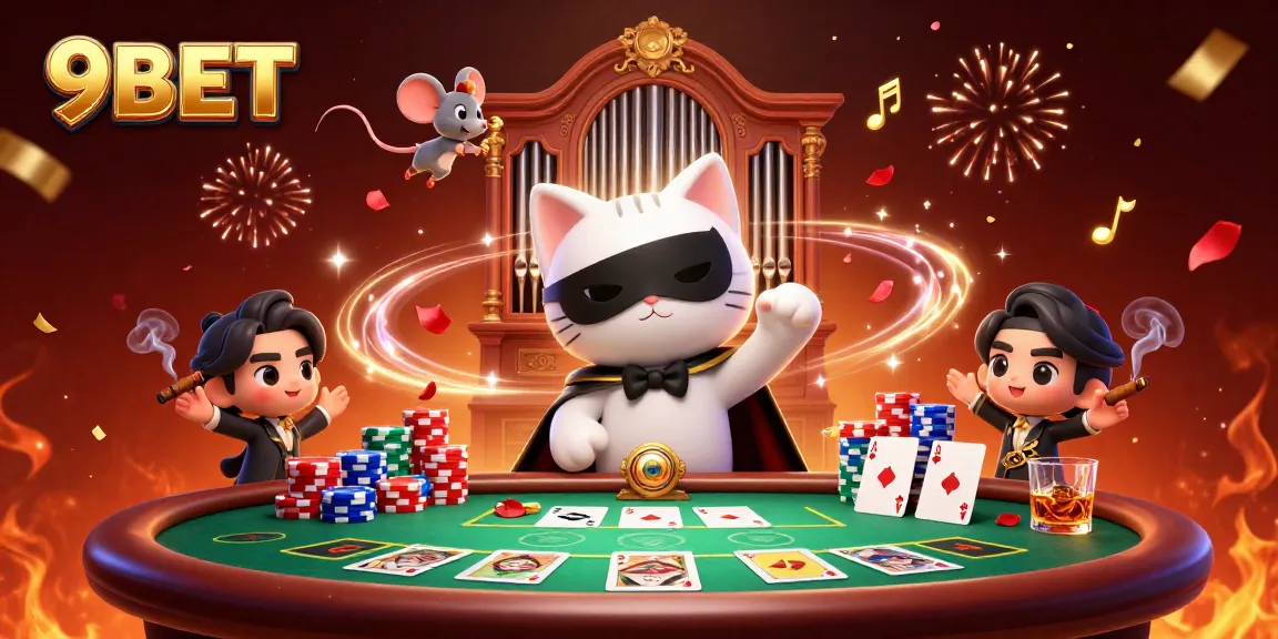 Experience high-stakes poker action with 9BET's vibrant casino atmosphere and characters.