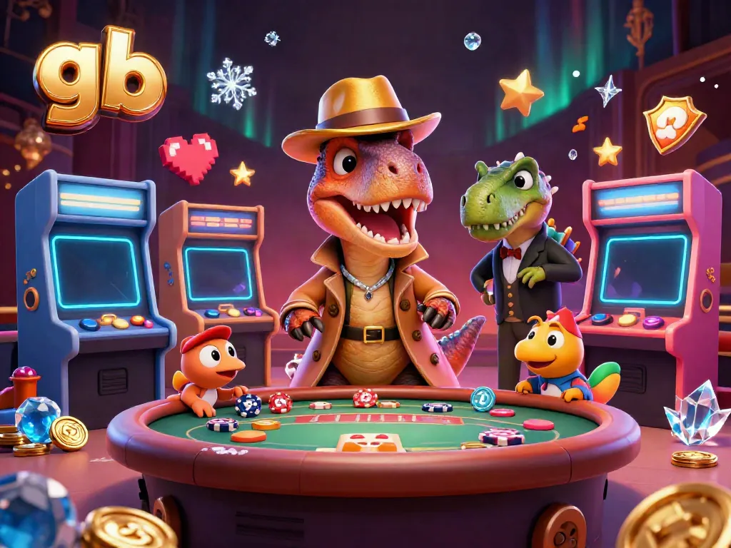 gb casino action scene with a cartoon velociraptor at a blackjack table amidst colorful games