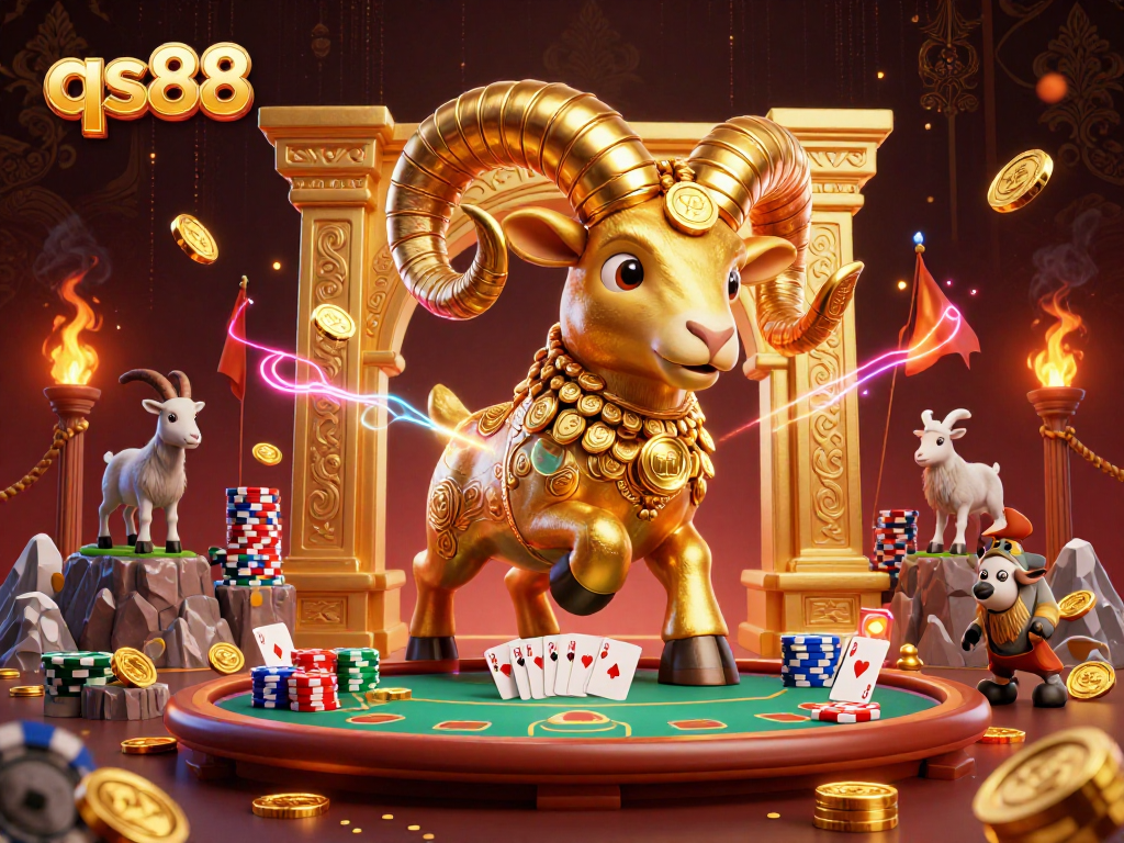 Experience thrilling poker action with qs88's vibrant casino scene featuring a golden ram charging into excitement.