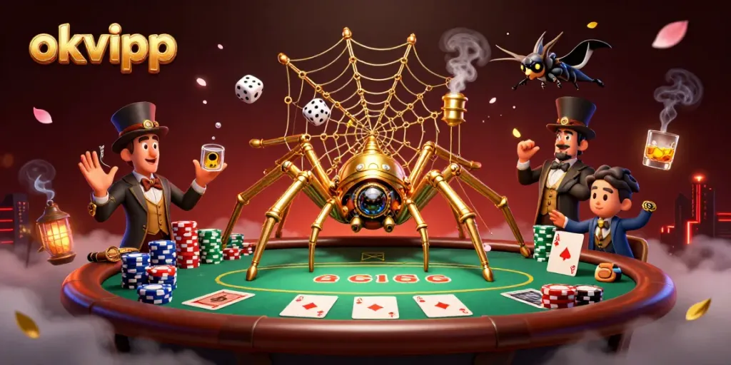 Engaging scene showcasing okvipp's vibrant casino elements with a steampunk spider and poker action.