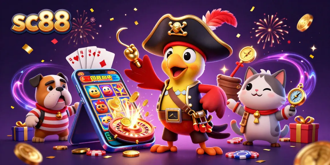 Spin to win with sc88, featuring a vibrant 3D pirate scene filled with slot games, cards, and excitement.