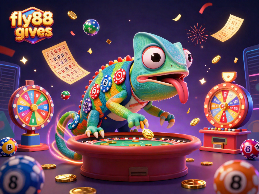 Experience the excitement of fly88 gives with vibrant lottery elements and a lively chameleon casino owner.