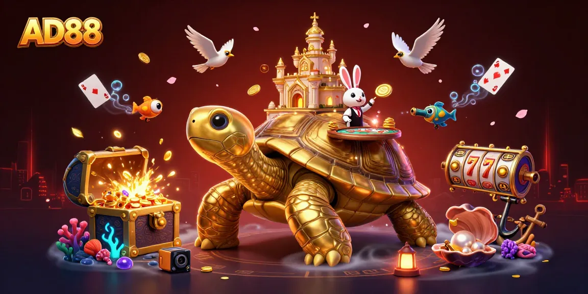 AD88 showcases a vibrant 3D casino scene with a tortoise palace and golden coins cascading.