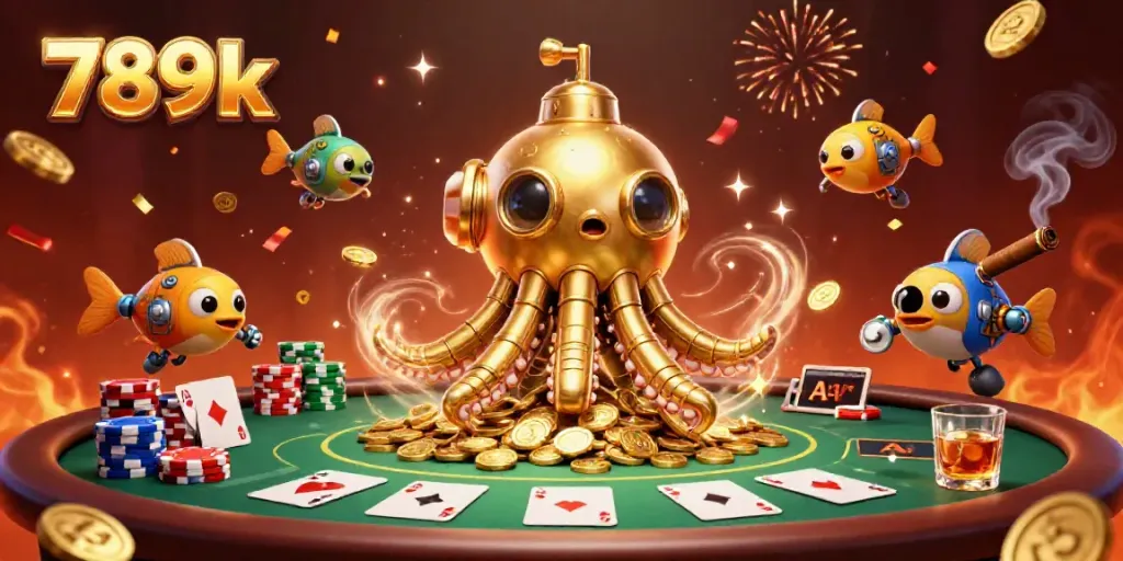 Experience thrilling gaming with 789k, featuring a vibrant casino scene with golden treasures and poker elements.