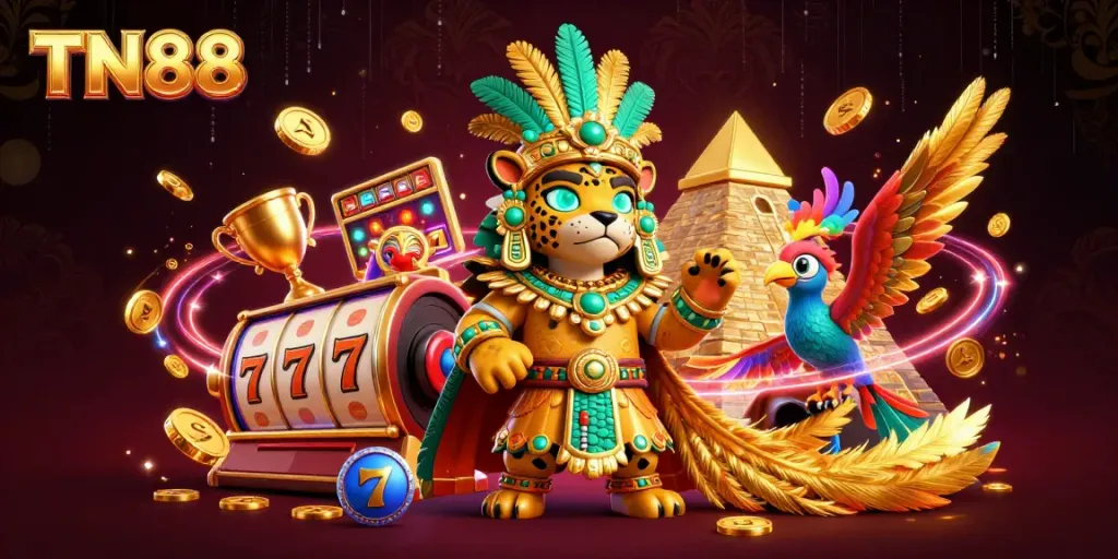 Engage with the captivating TN88 casino experience featuring vibrant Mayan characters, dynamic gaming elements, and luxurious visuals.