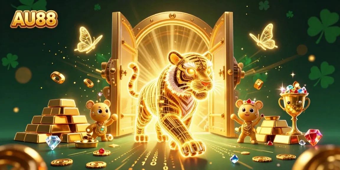 Experience online excitement with AU88's vibrant casino theme featuring a golden tiger and treasures.