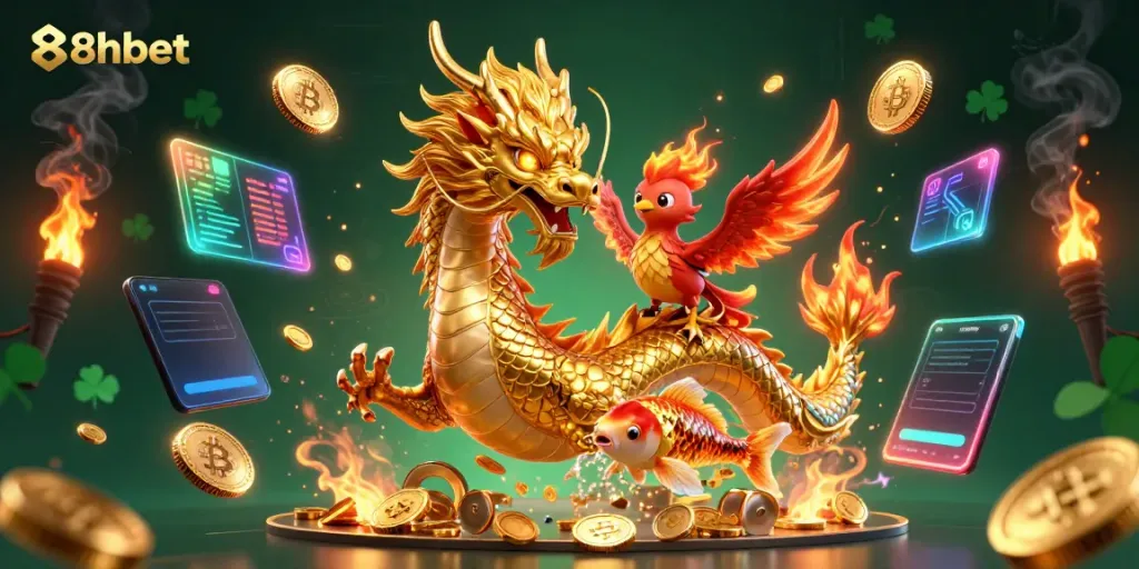 Experience the thrill of 8xbet with a vibrant dragon, phoenix, and koi fish amidst dazzling crypto elements.