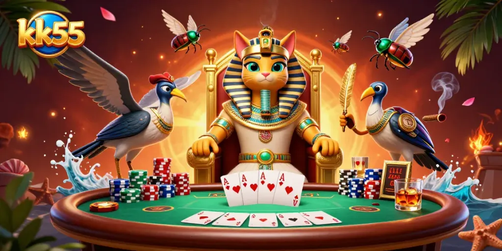 Experience gaming thrills at kk55 with vibrant casino characters and dynamic poker elements.