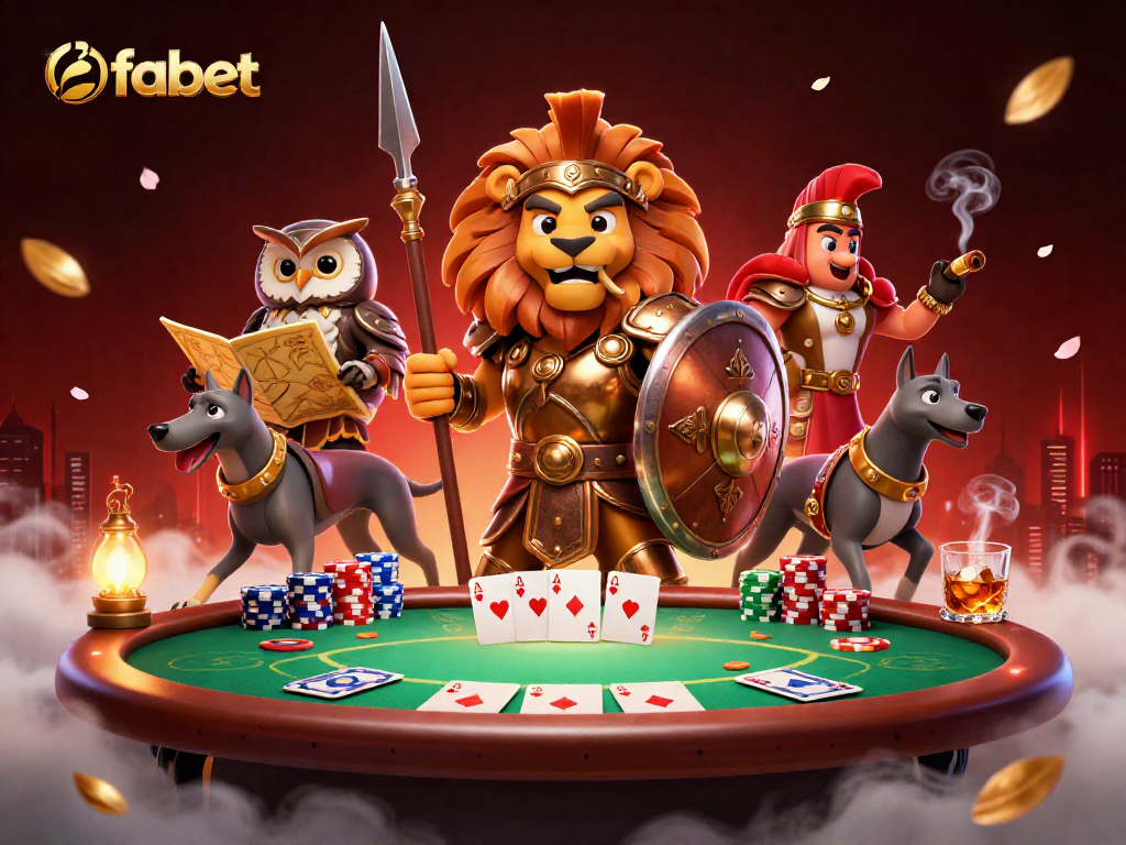 Experience fabet gameplay with a heroic Spartan lion and strategic owl amidst vibrant poker elements.