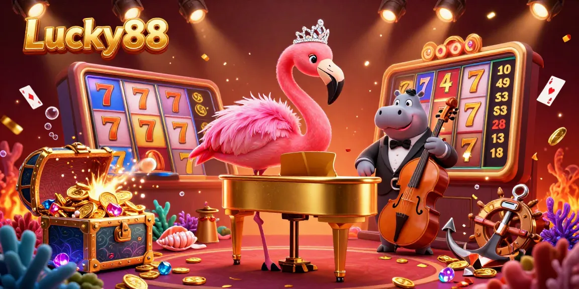 Experience the thrill of Lucky88 with a vibrant illustration of a dazzling casino scene featuring lively characters and dynamic game elements.