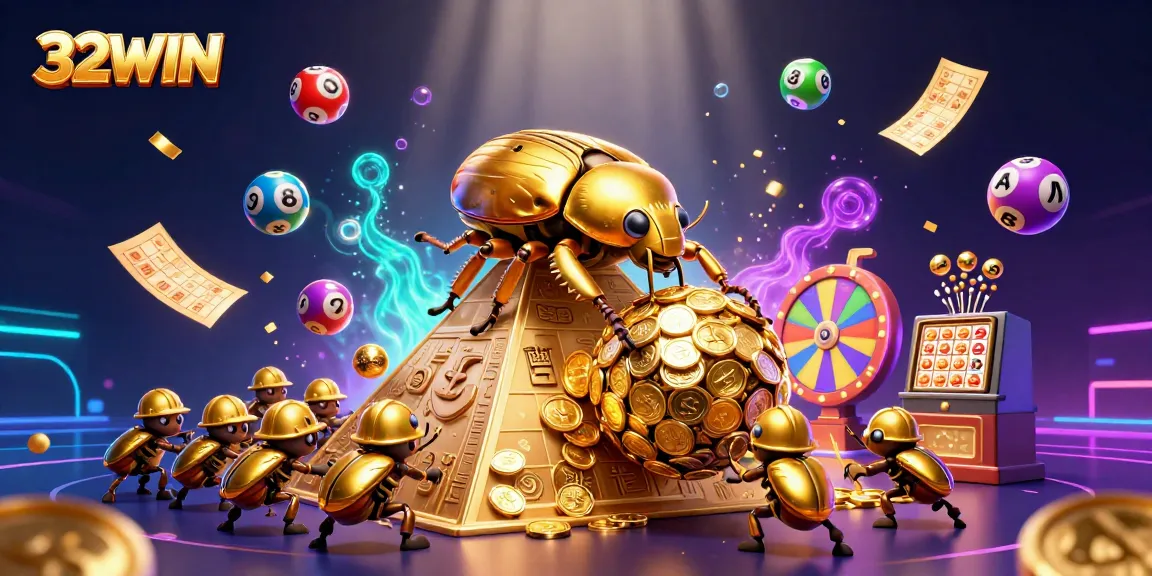 32WIN players experience exciting games with colorful lottery balls and golden prizes in a vibrant casino setting.