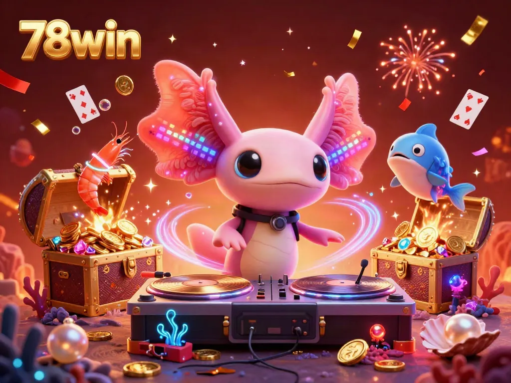 Experience the vibrant energy of 78win with a neon axolotl DJ amidst a lively underwater casino scene.