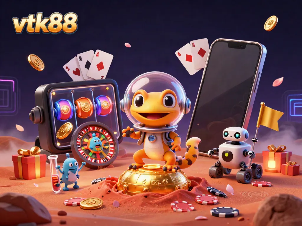 Experience the excitement of vtk88 with a vibrant 3D illustration of a Martian gecko discovering a golden casino.