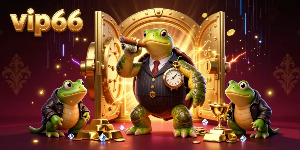 Join the excitement at vip66 as massive cartoon characters dominate the vibrant casino floor, showcasing wealth and luxury.