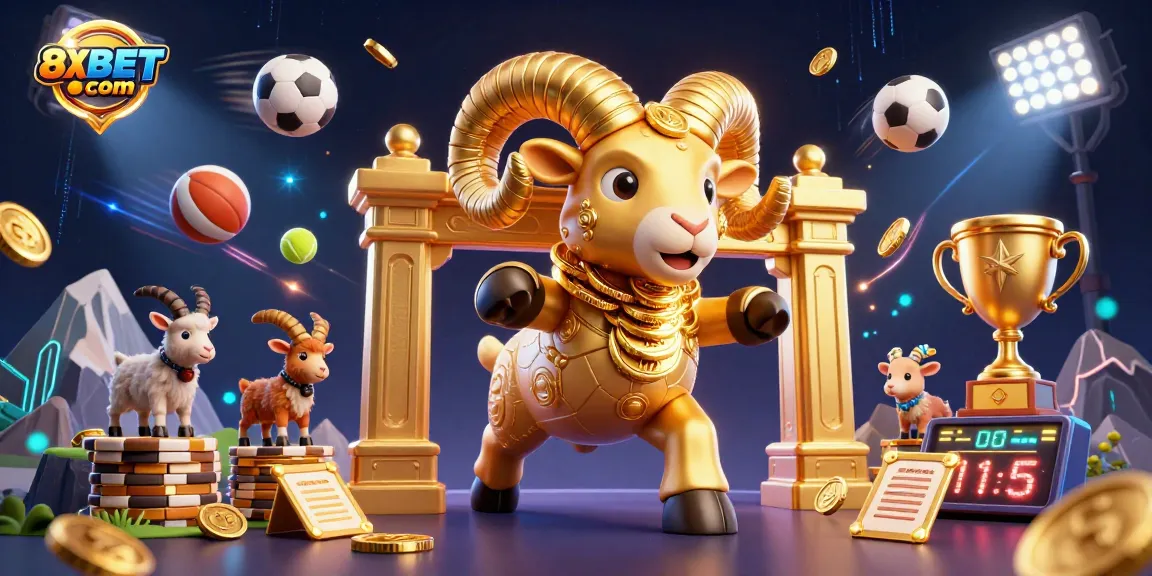 Experience thrilling action with 8XBET com as a golden ram charges through a vibrant gambling scene.