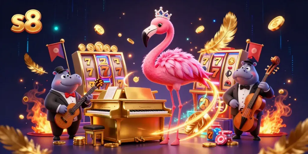 Engage with s8 while enjoying vibrant 3D illustration of a flamingo singer and hippo bassist surrounded by dynamic casino elements.