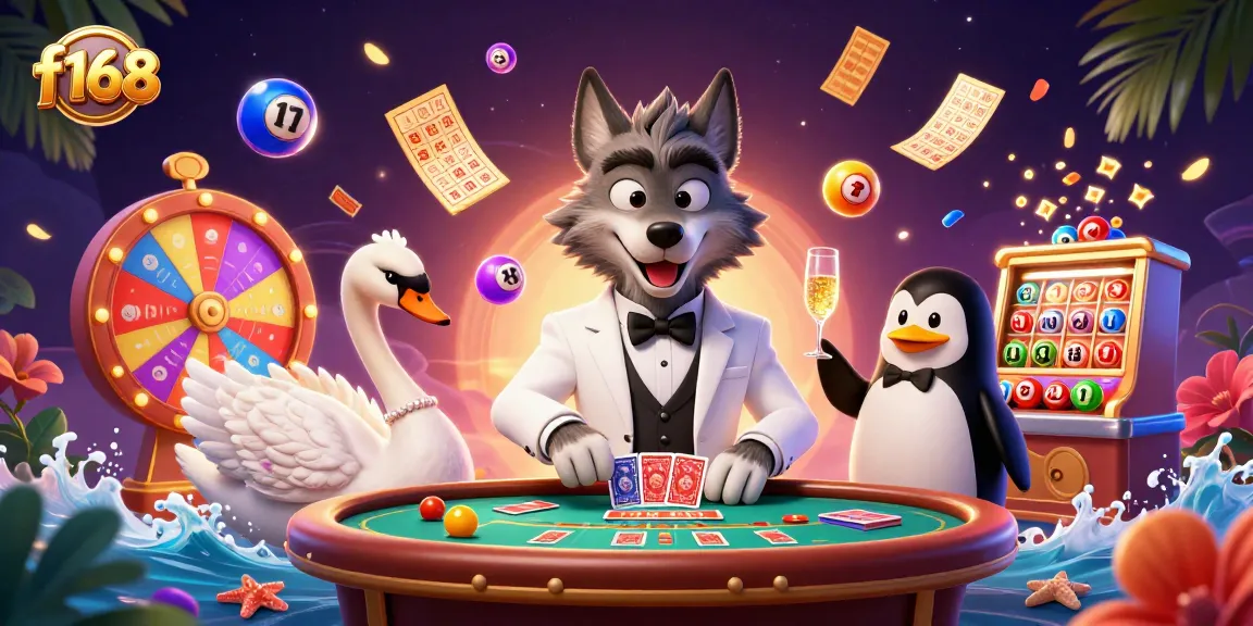 Experience the thrill of f168 gambling with lively characters and dynamic casino elements in a stunning scene.