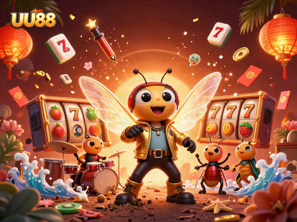 Spin the reels with UU88 in vibrant 3D casino art, featuring dynamic characters and elements.