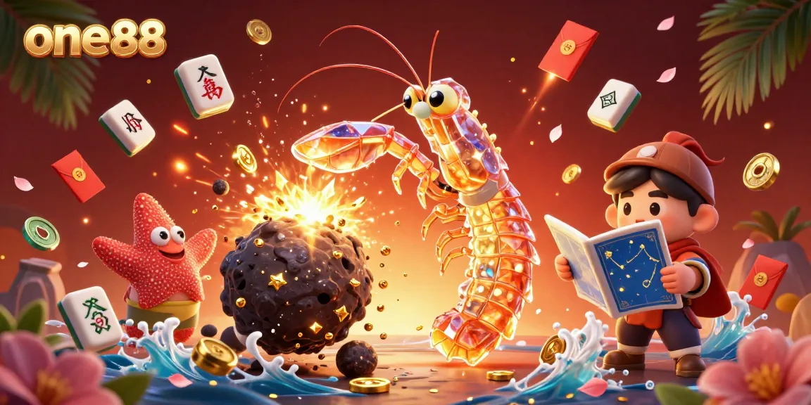Experience the excitement of one88 with a vibrant 3D digital illustration showcasing a galactic samurai mantis shrimp amidst dynamic casino elements.