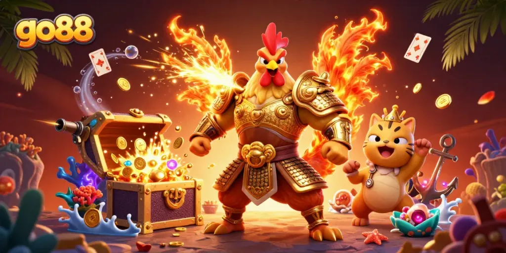 Nhận thưởng lớn với game GO88, chiến binh gà trong trang phục samurai vàng.