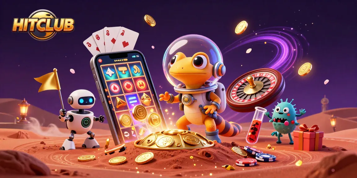 HITCLUB showcases an imaginative 3D casino scene with a space gecko and robot amid vibrant gaming elements.