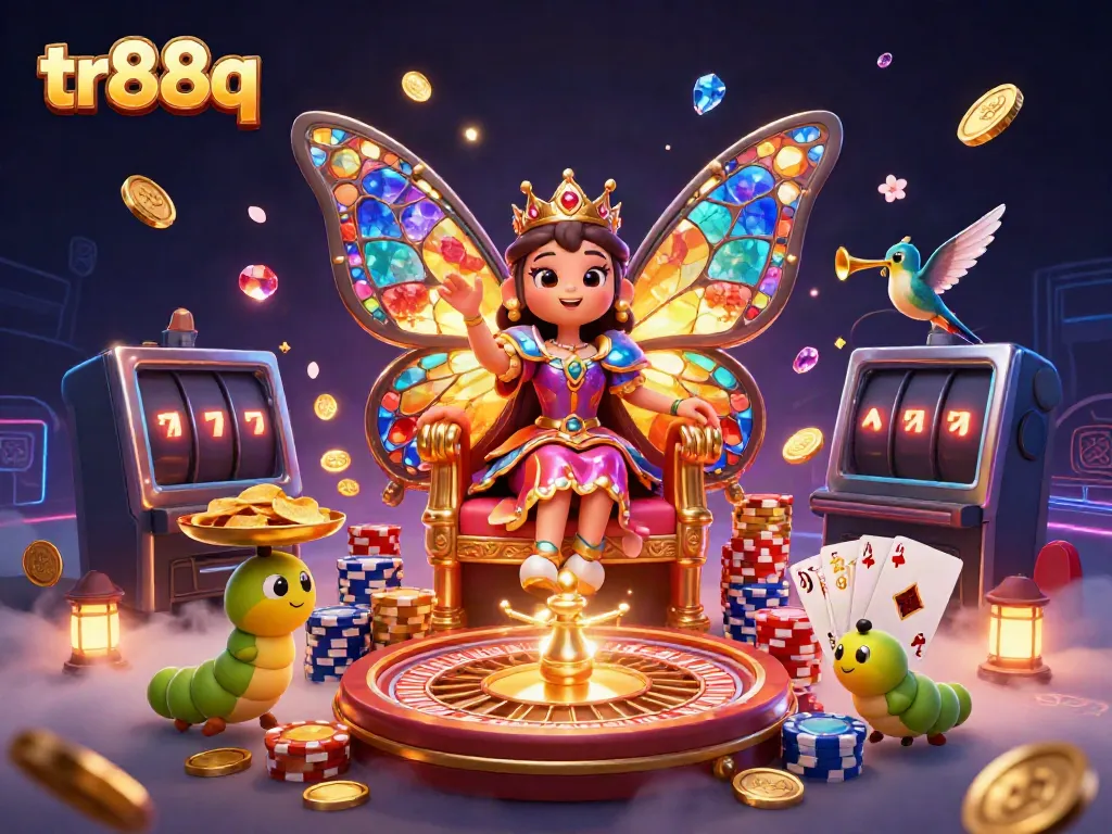 Experience the excitement at TR88Q, a vibrant online casino scene with rich game elements and a magical butterfly queen.