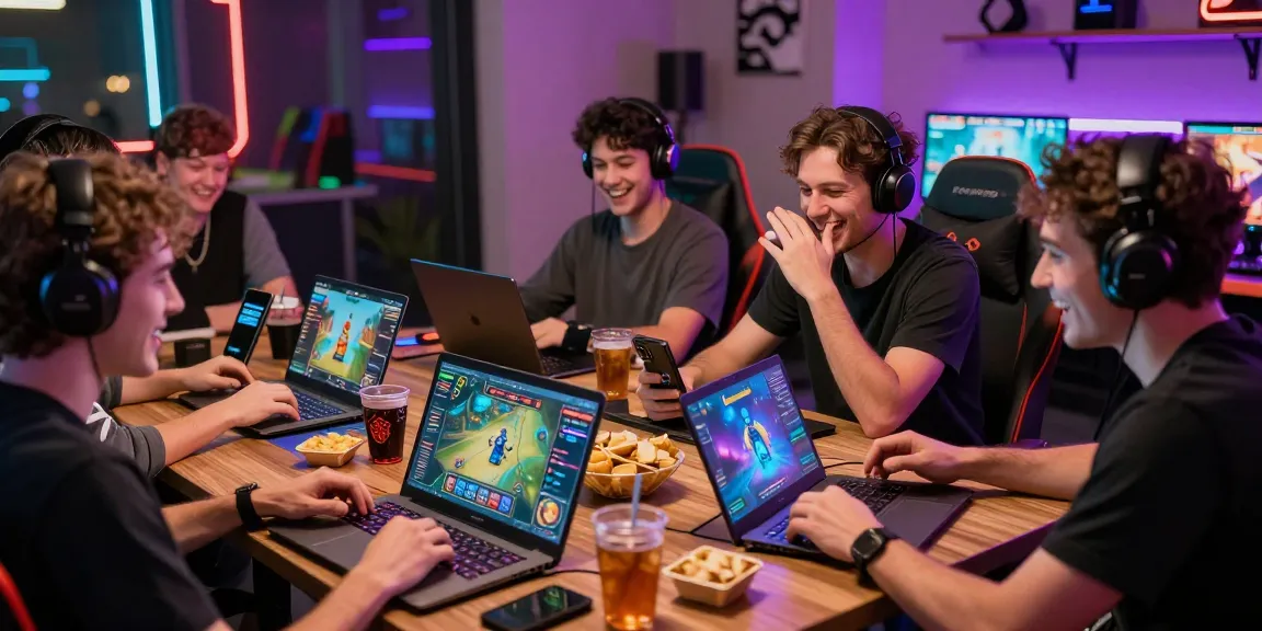 Sun win gaming atmosphere with players enjoying card games and vibrant graphics.
