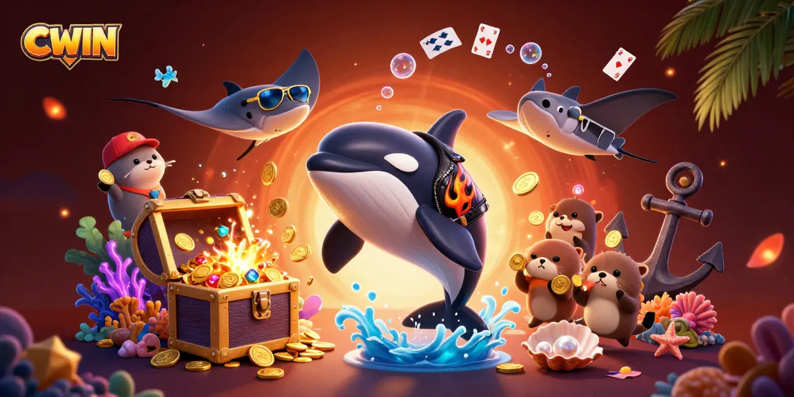 CWIN showcases a vibrant casino scene with an orca, stingray, and otters celebrating wins beneath colorful sea treasures.