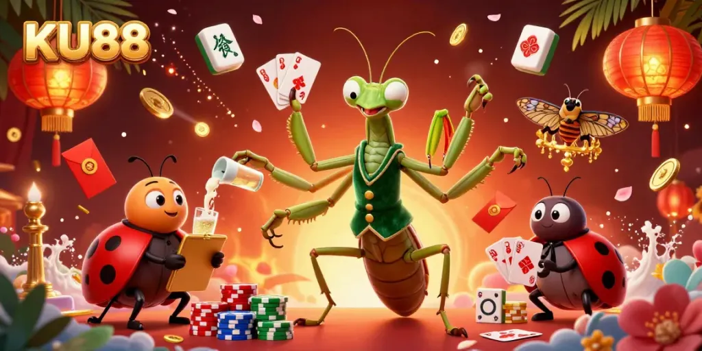 Experience the excitement of KU88 with vibrant casino action in this detailed illustration featuring card games and vibrant symbols.