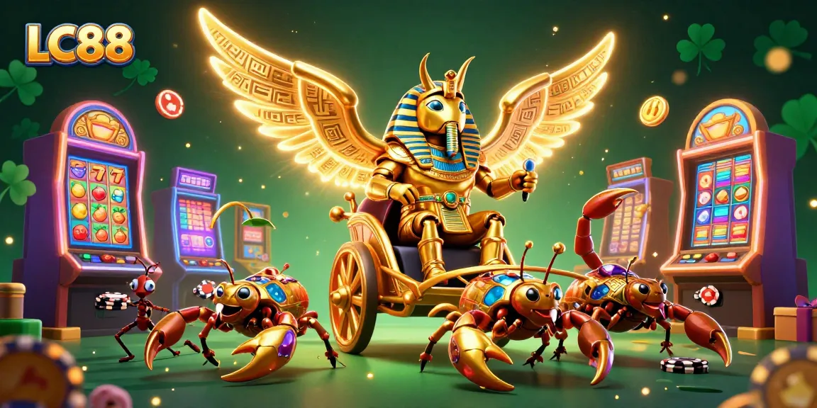 Experience winning thrills with LC88 in a vibrant 3D casino illustration featuring golden characters and slot elements.