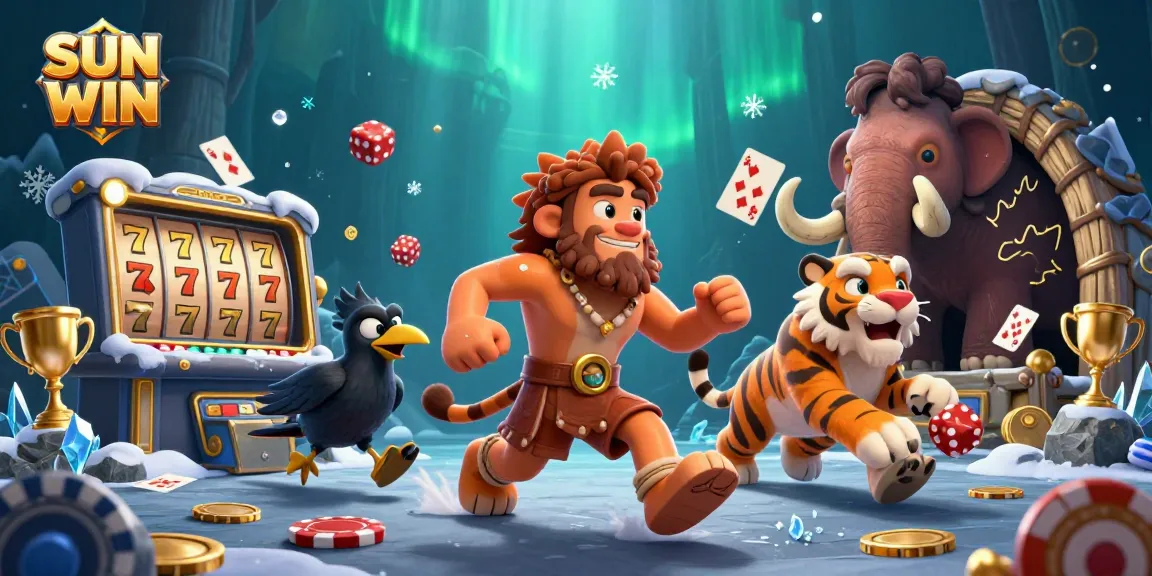 SUN WIN highlights an animated scene with a caveman and sabertooth managing a casino with colorful slot reels.