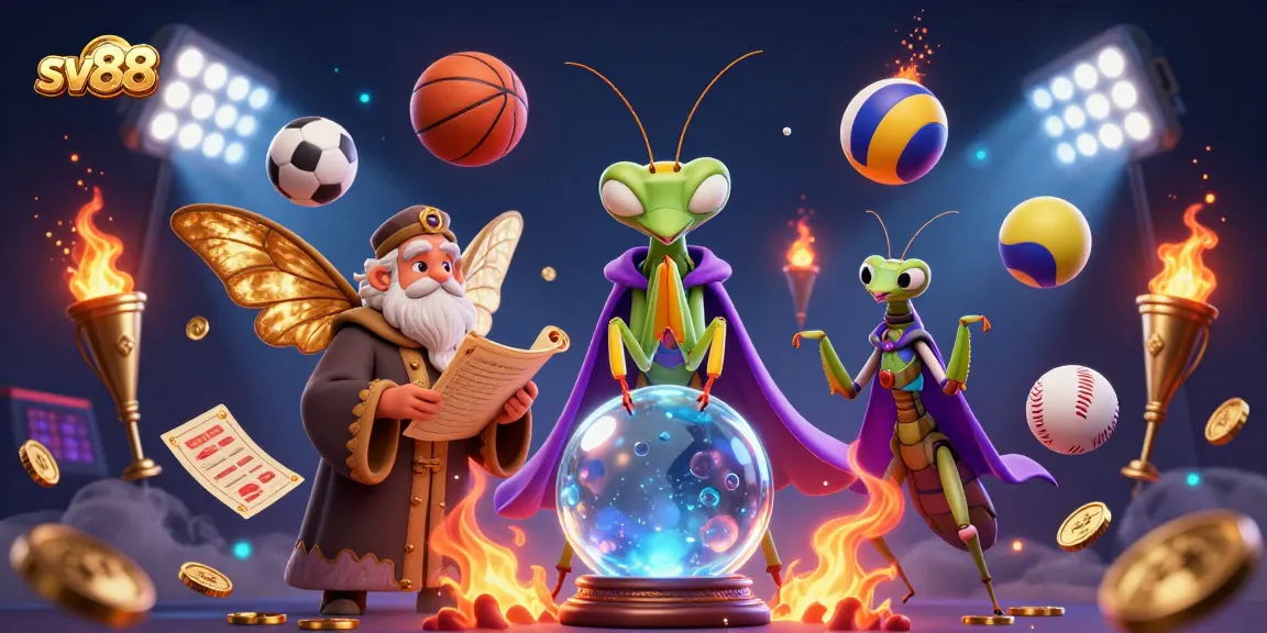 sv88 invites players into an animated world with a fortune teller and vibrant sports elements.