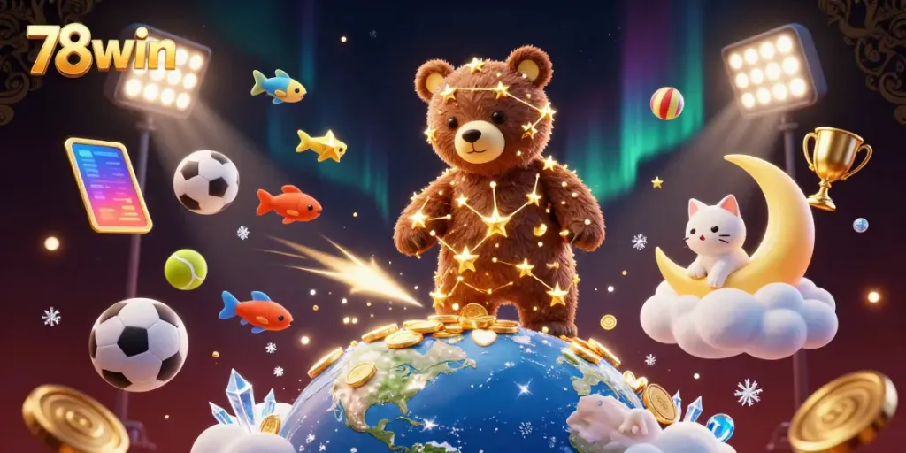 Engage in winning strategies with 78win as a constellation bear collects coins amid vibrant casino elements.