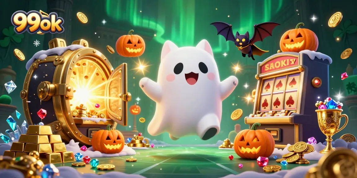 Experience the fun at 99ok with a friendly ghost cat and treasures in a vibrant casino.
