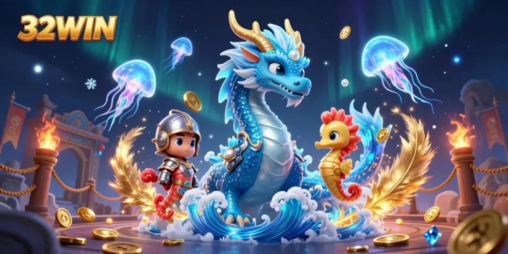 32WIN features a majestic dragon and seahorse knight in a vibrant casino ambiance filled with glowing jellyfish and golden coins.