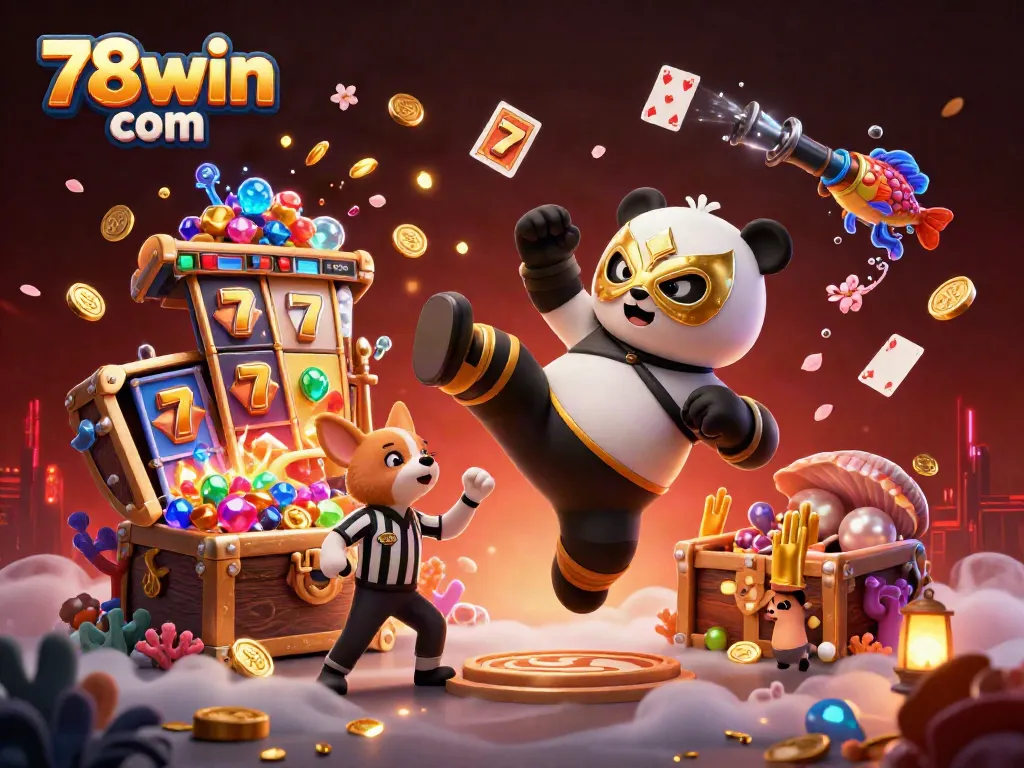 Experience the excitement of 78win com with a vibrant wrestling scene showcasing animated characters, rich casino elements, and engaging gameplay.
