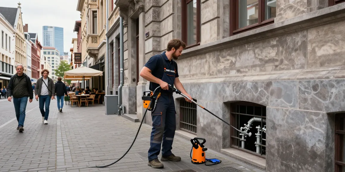 Ontstopping Antwerpen: Professionele loodgieter werkt aan verstopte afvoer in historische wijk.