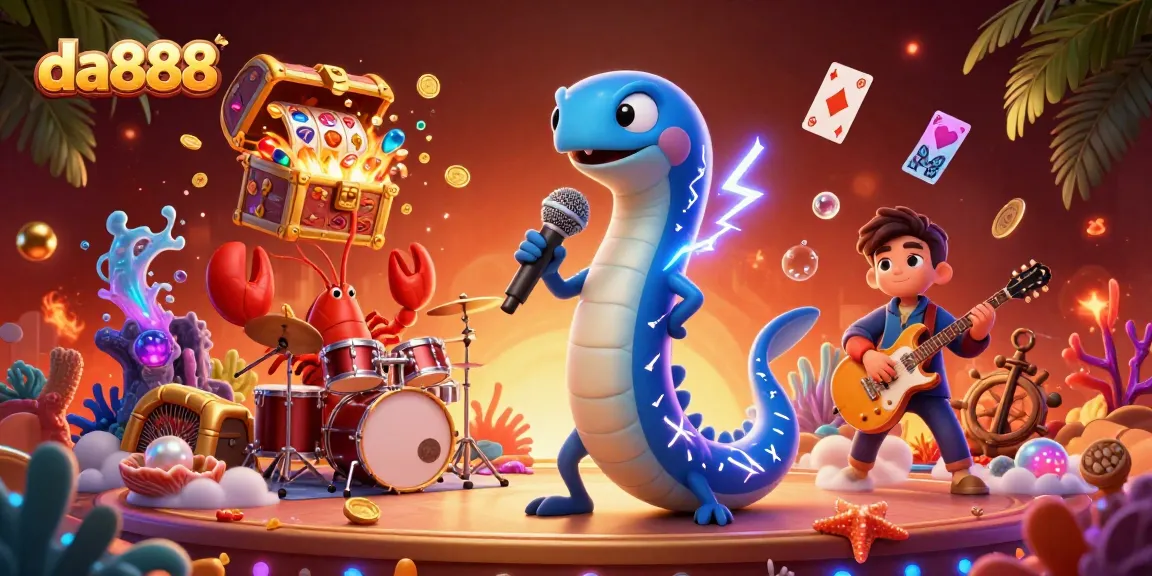 Experience thrilling fun at da888 with electric eel DJs, lobster drummers, and vibrant slot game elements in an underwater casino.