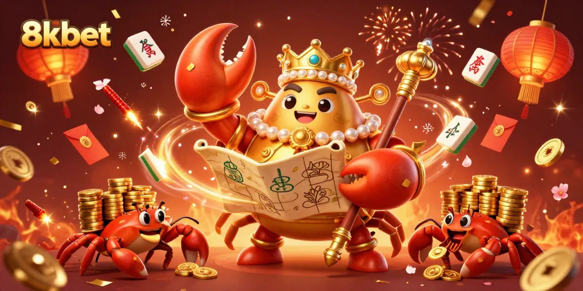 Experience the vibrant world of 8kbet with a golden crab emperor amidst festive gambling elements.
